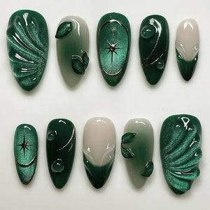 🍃 24pcs 3D Green Ripple Cat’s Eye Press-On Nails – French Almond Style with Leaf Design