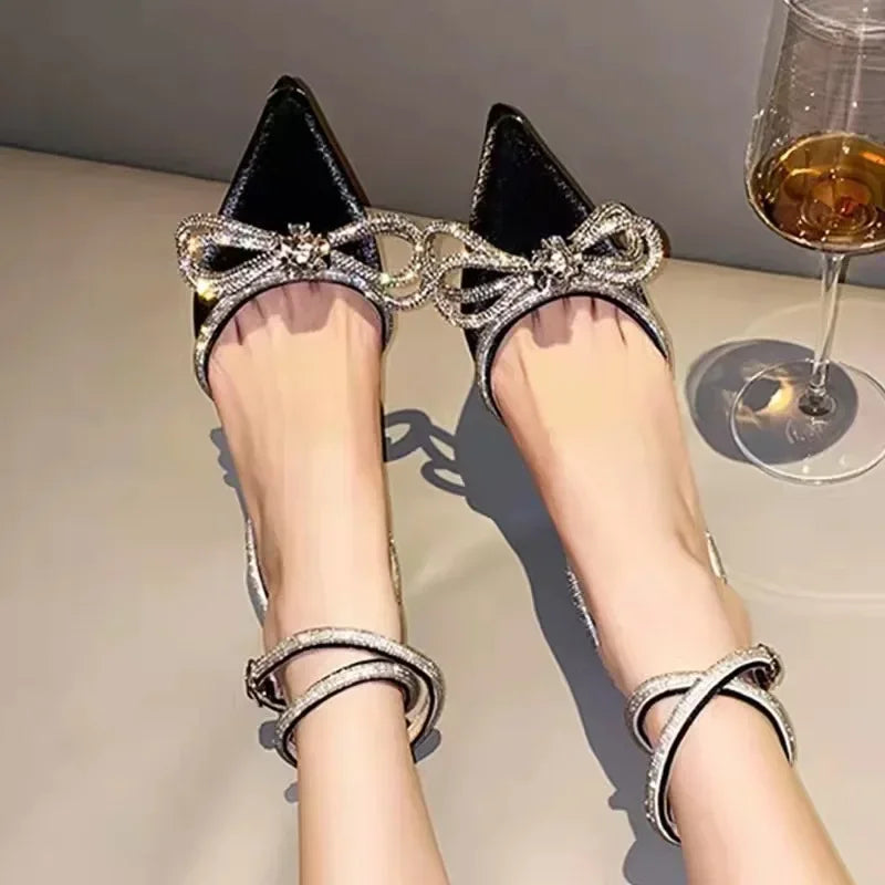 Glitter Rhinestone Crystal Bowknot Satin Pumps