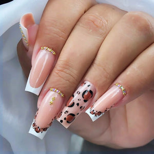 🐻 24pcs Extra Long Square Press-On Nails – 3D Bear & Bow with White French Tips