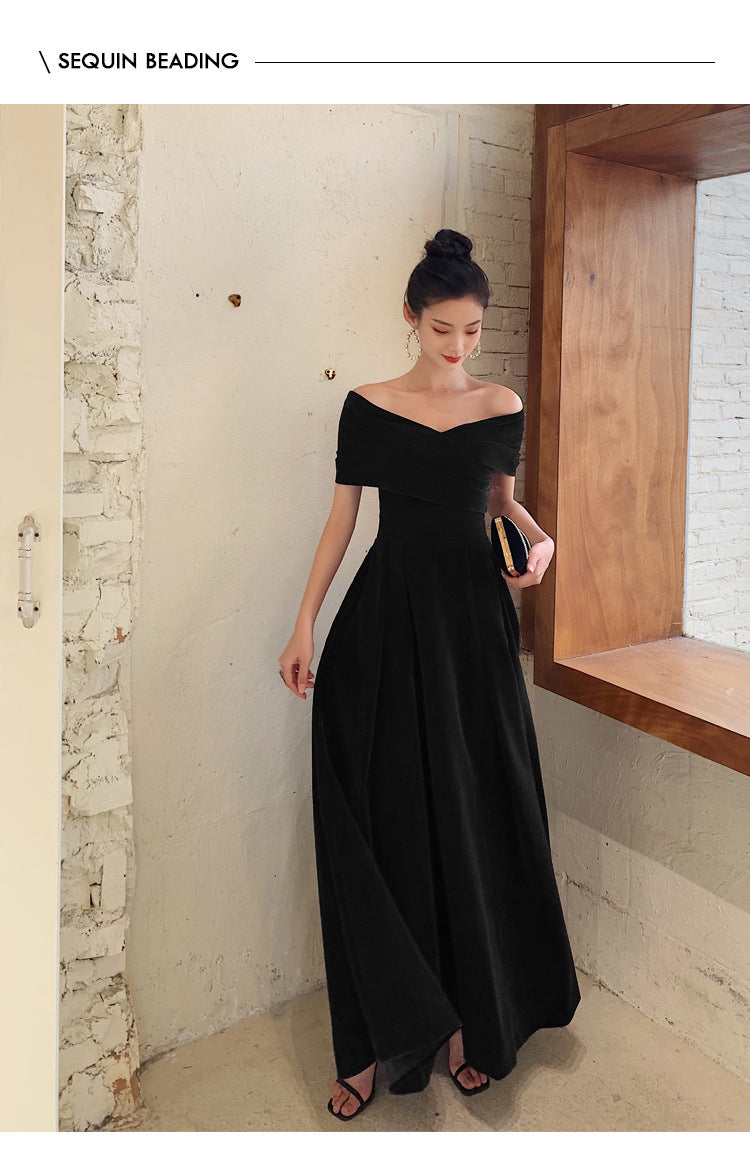 Black Slimming Off-shoulder Long Banquet Temperament Evening Dress