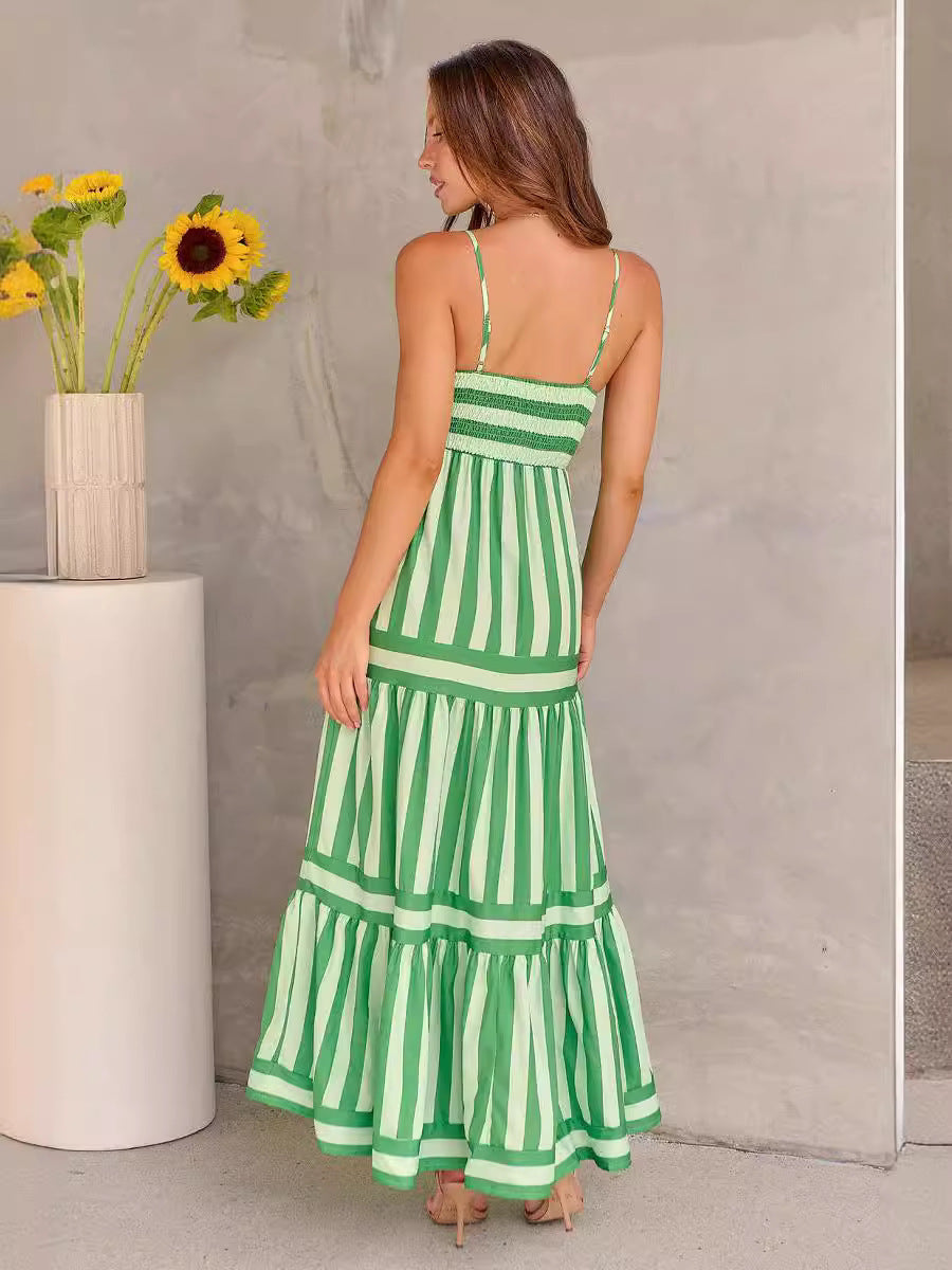 Summer Striped Printed Suspender Long Dress with Pockets