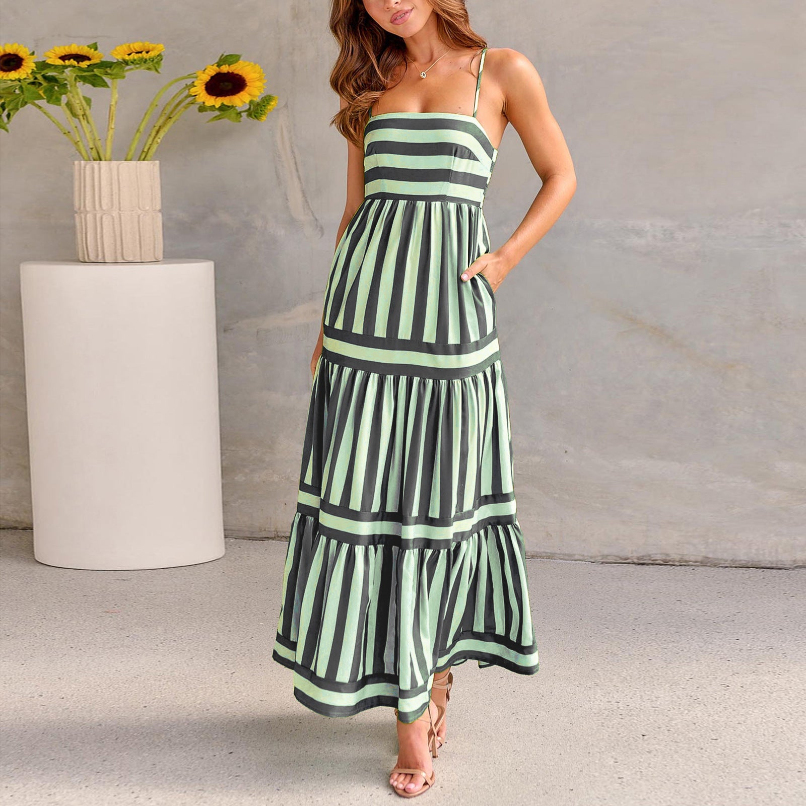 Summer Striped Printed Suspender Long Dress with Pockets