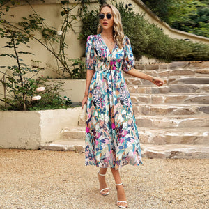 New V-Neck Printed Short-Sleeved Long Dress – Summer Fashion Must-Have!