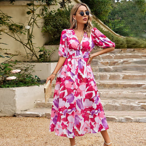 New V-Neck Printed Short-Sleeved Long Dress – Summer Fashion Must-Have!