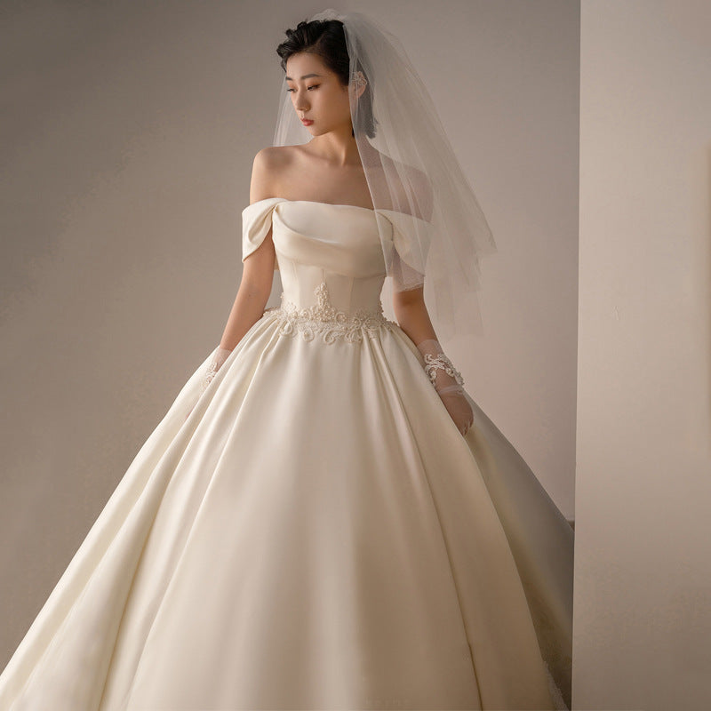 Women's Satin Off-Shoulder Retro Fashion Trailing  Princess Dress