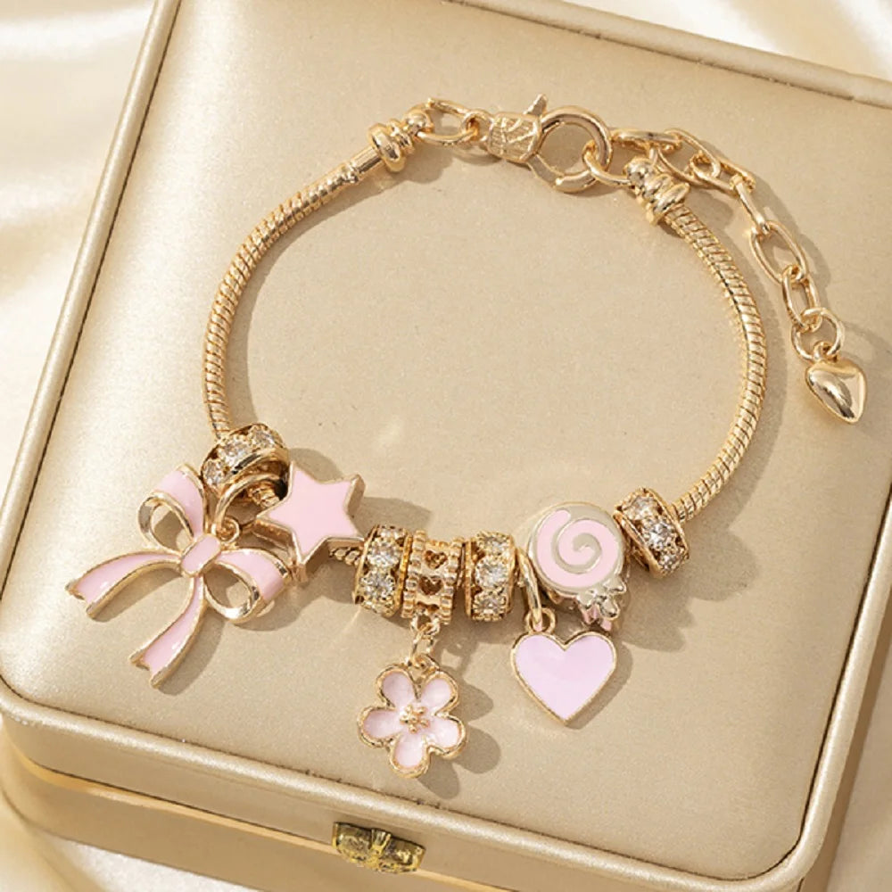 💖 Elegant Gold Butterfly & Heart Beads Bracelet – Adjustable & Sparkling
