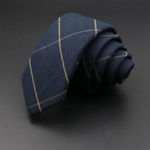 Men’s 6cm Classic Cotton Skinny Tie – Grey Plaid & Striped Design