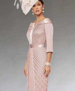 Mother of the Bride Sheath Dress – Knee-Length with 3/4 Sleeves & Pearl Details