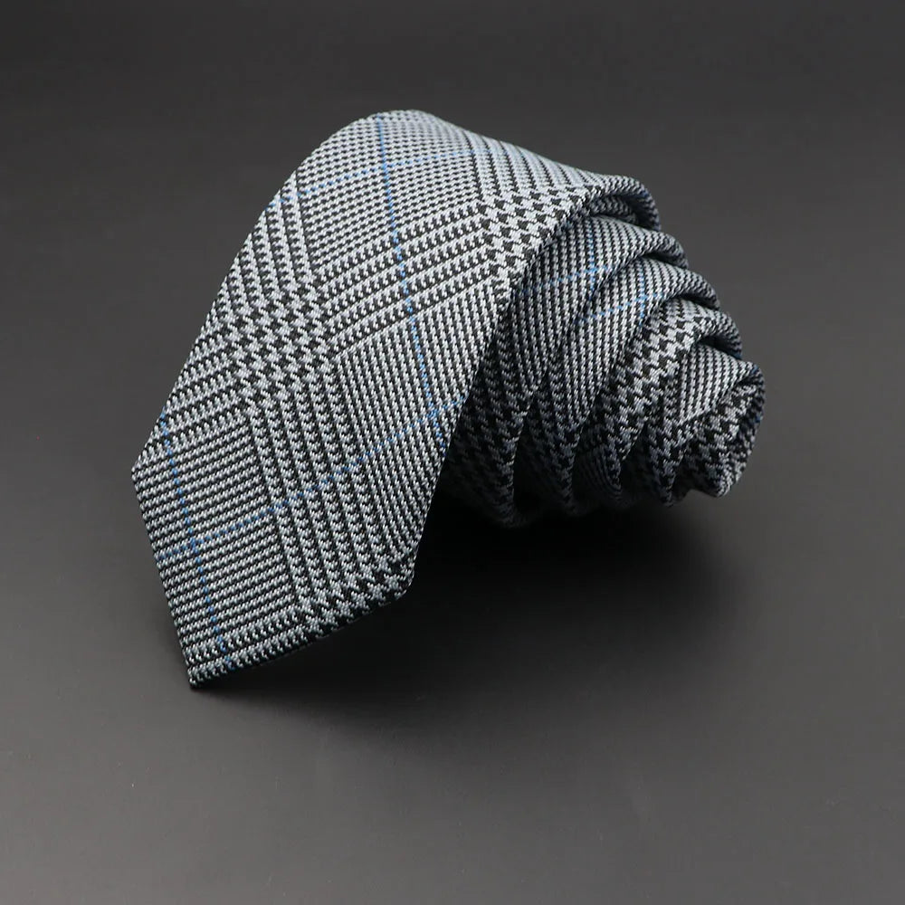 Men’s 6cm Classic Cotton Skinny Tie – Grey Plaid & Striped Design