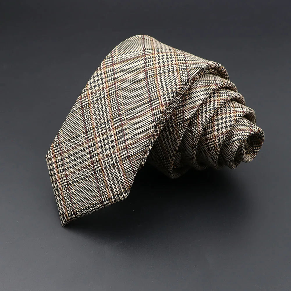 Men’s 6cm Classic Cotton Skinny Tie – Grey Plaid & Striped Design