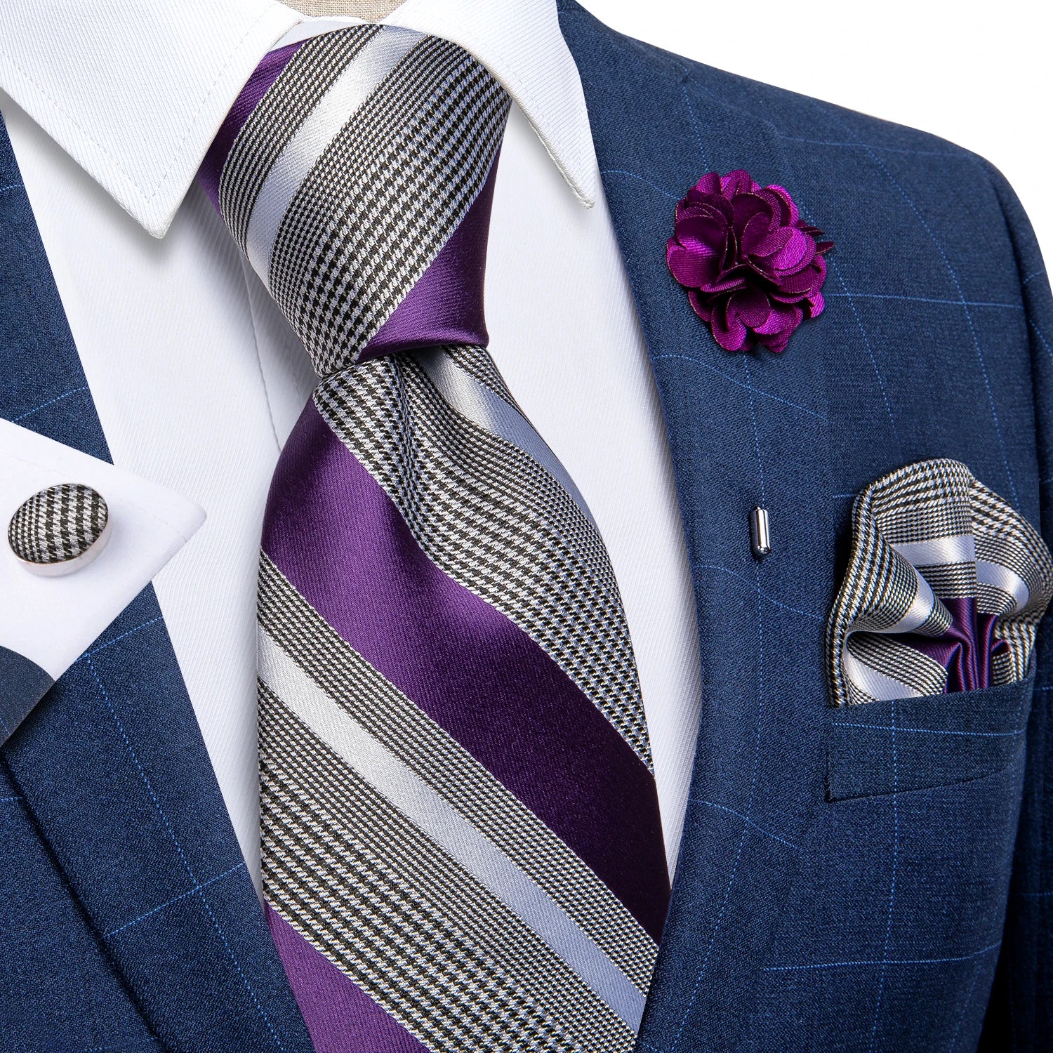 Blue Silver Paisley Neck Tie Set for Men