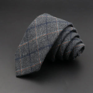 Men’s 6cm Classic Cotton Skinny Tie – Grey Plaid & Striped Design