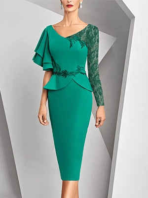 Sheath V-Neck with Long Lace Sleeves Dress