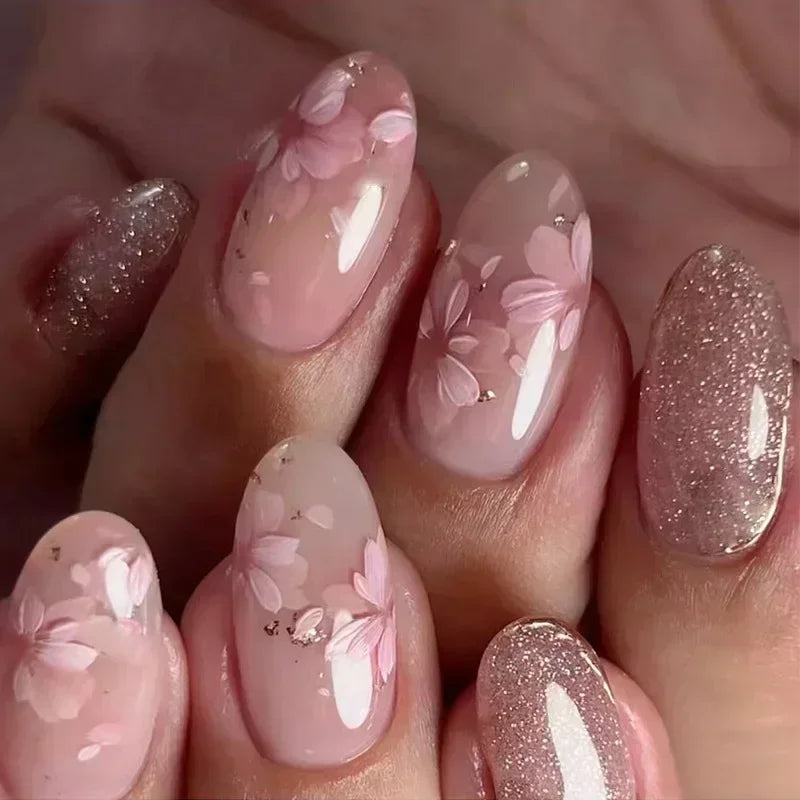 🌸 24pcs Pink Almond Press-On Nails – Sweet Summer Floral with Pearls