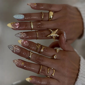 🌸 24pcs Gradient Pink Flower Pearl Press-On Nails – Mid-Length Almond Shape