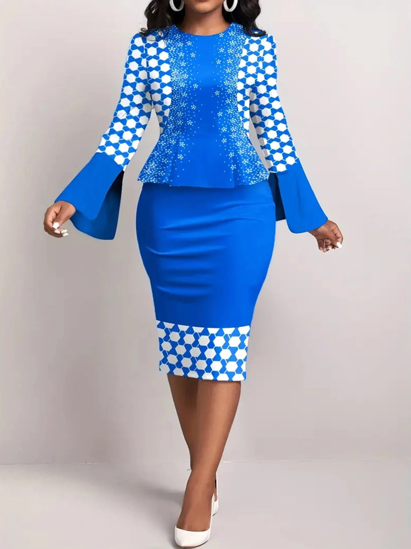 Geometric Print 2-in-1 African Print Church Dress – Blue Pencil Bodycon