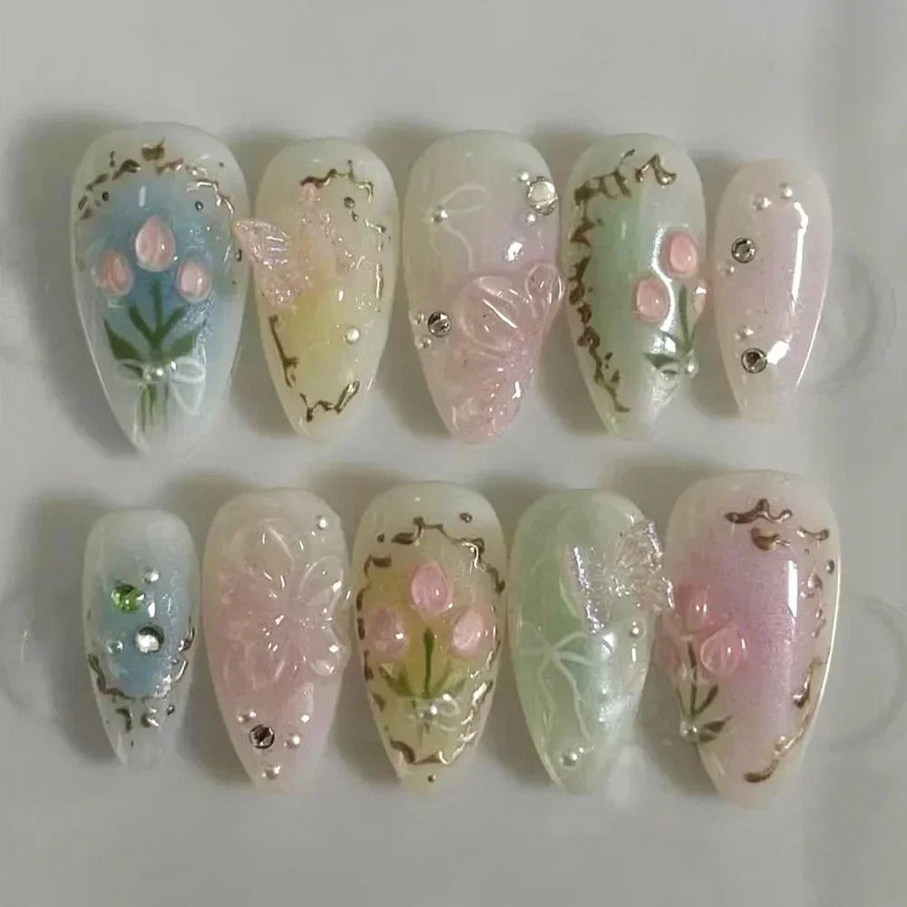 🌸 24pcs Pink Almond Press-On Nails – Sweet Summer Floral with Pearls