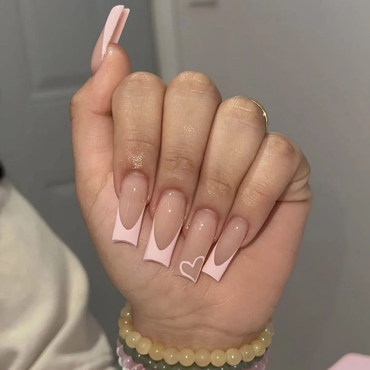 🐻 24pcs Extra Long Square Press-On Nails – 3D Bear & Bow with White French Tips