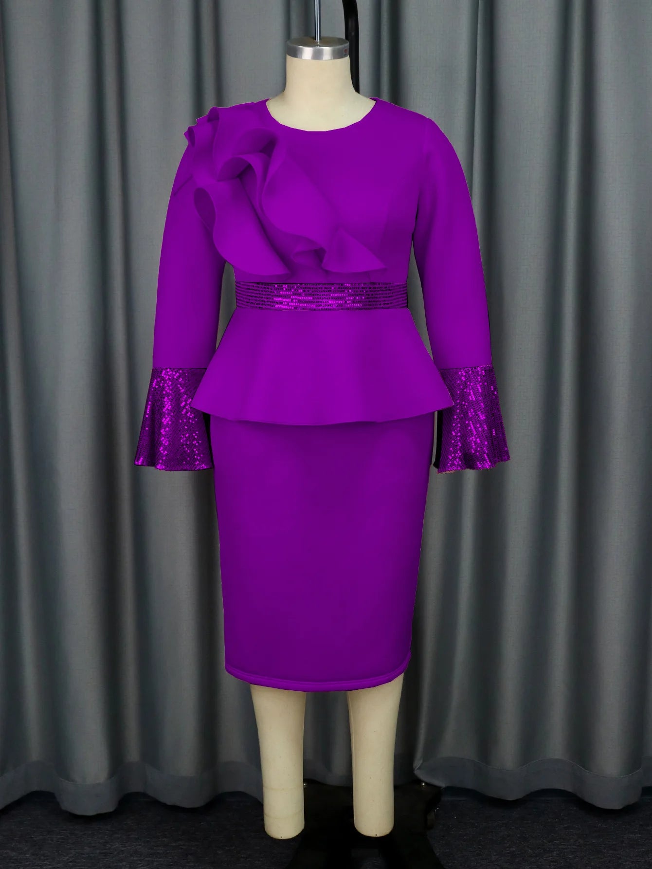 ✨ Elegant Church & Party Dress for Women – Ruffled Long Sleeve Sequined Robe
