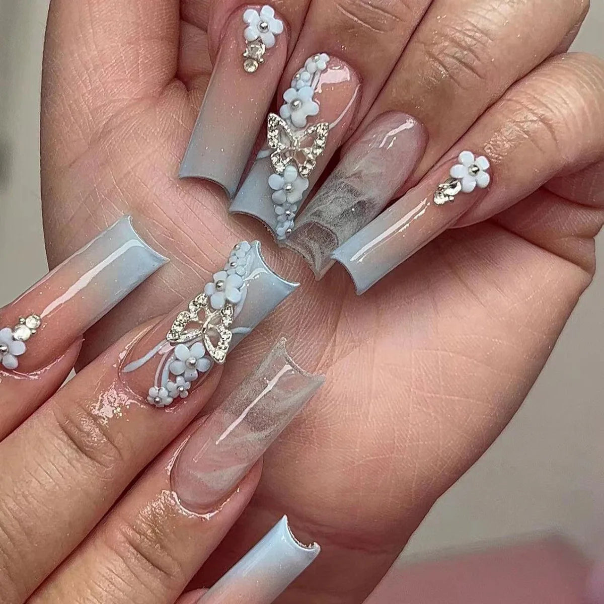 🐻 24pcs Extra Long Square Press-On Nails – 3D Bear & Bow with White French Tips