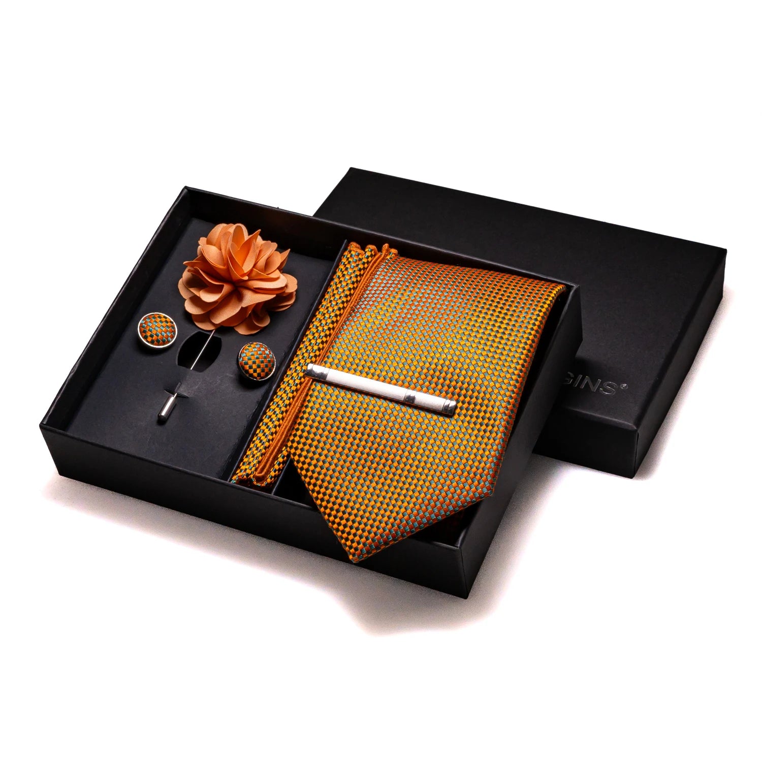 Orange Plaid Silk Wedding Tie Set – Luxury Gift Box Edition