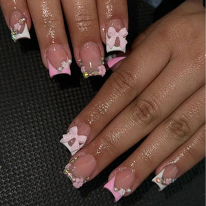 🖤 24pcs Short Almond Press-On Nails – Black Bowknot & White Pearl French Tips