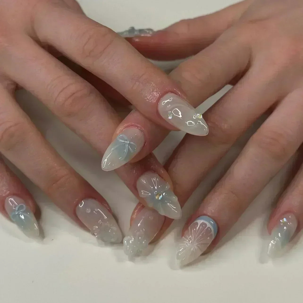 🌸 24pcs Pink Almond Press-On Nails – Sweet Summer Floral with Pearls