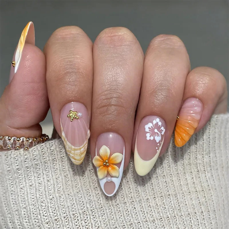 🌸 24pcs Gradient Pink Flower Pearl Press-On Nails – Mid-Length Almond Shape