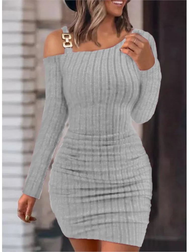 Sexy Chain Off-Shoulder Mini Dress – Autumn & Winter Chic