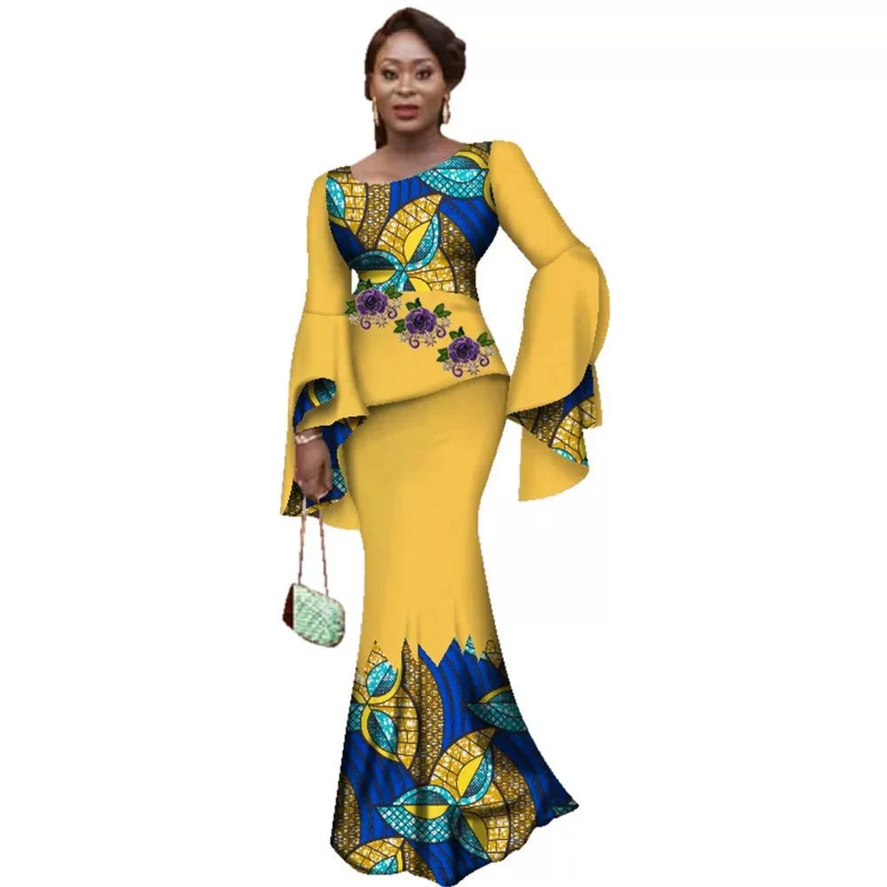 🔥 SALE! African Women Luxury Skirt Set – Flare Sleeve Top & Slim Maxi Skirt