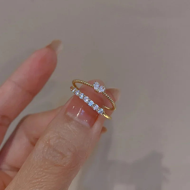 💛 2pcs/set Gold Color Heart Zircon Adjustable Rings