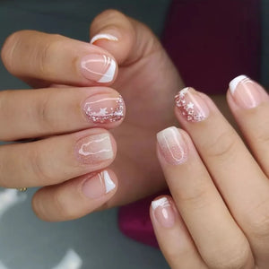 🤍 24pcs Nude White French Press-On Nails – Short Square, Simple & Stylish