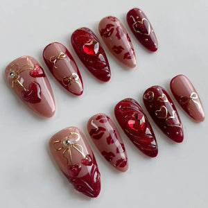 🍃 24pcs 3D Green Ripple Cat’s Eye Press-On Nails – French Almond Style with Leaf Design