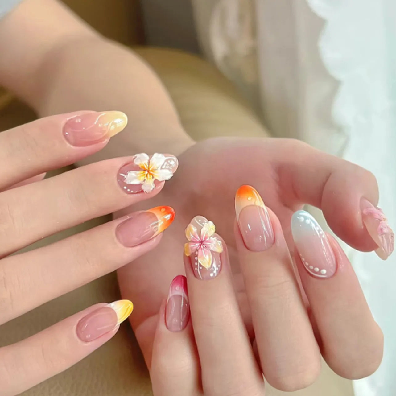 🌊 24pcs Cute Ocean Creature Press-On Nails – Yellow French Tip with Floral Fun