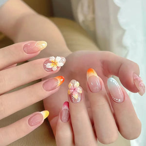 🌊 24pcs Cute Ocean Creature Press-On Nails – Yellow French Tip with Floral Fun