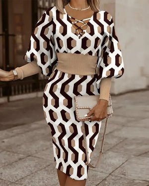 Elegant Long-Sleeved V-Neck Waist Dress for Women