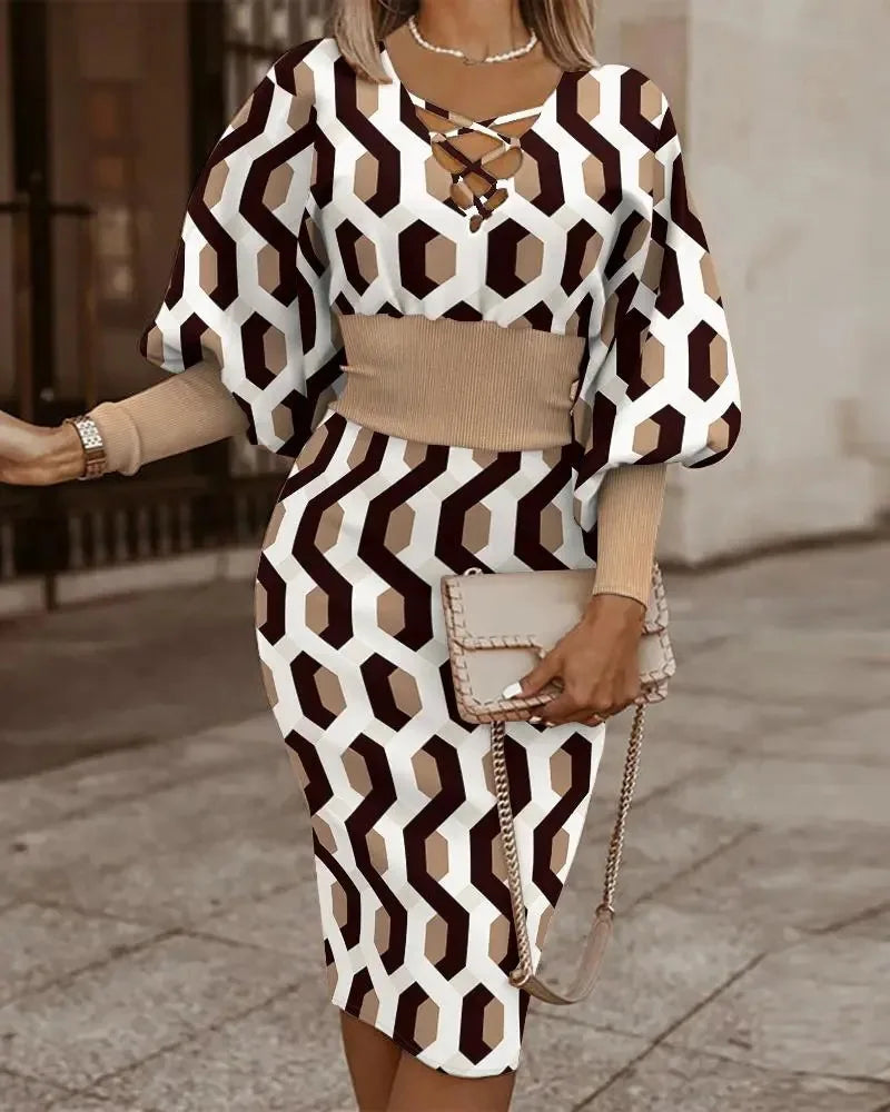 Elegant Long-Sleeved V-Neck Waist Dress for Women