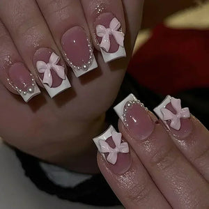 🖤 24pcs Short Almond Press-On Nails – Black Bowknot & White Pearl French Tips
