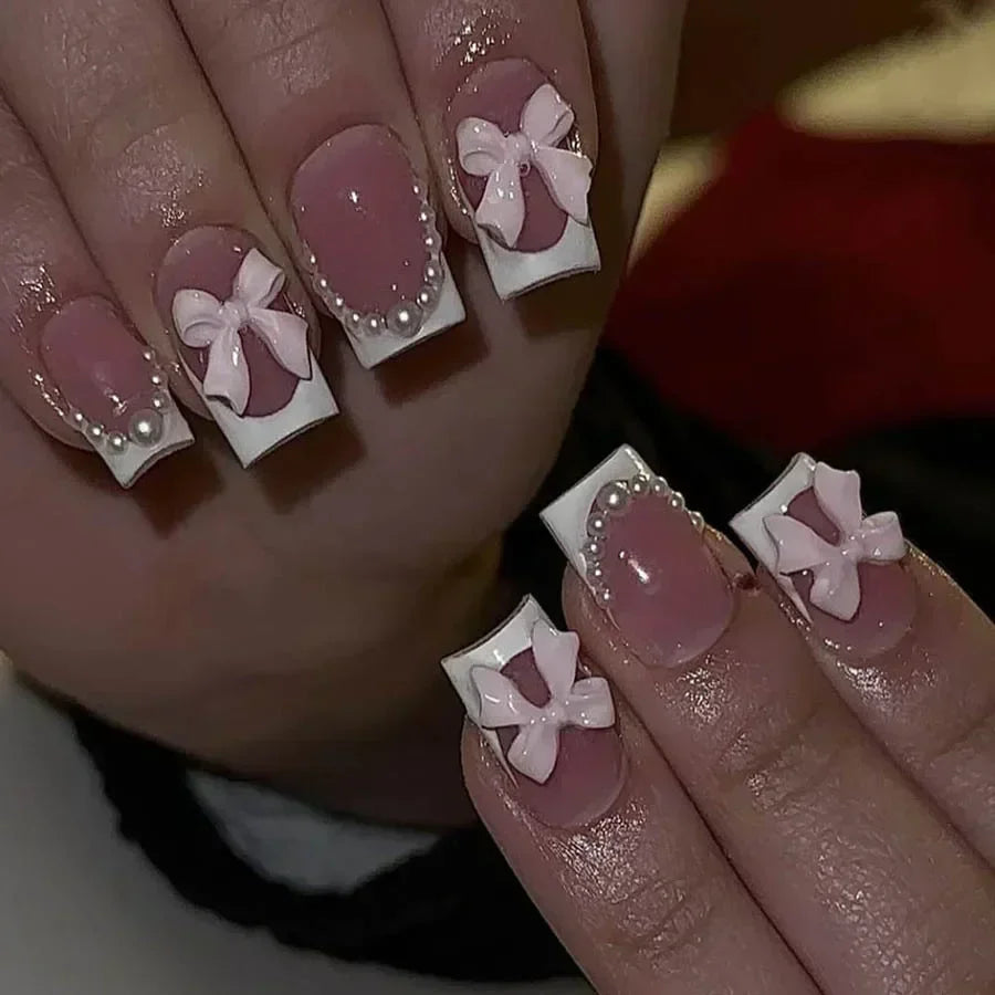 🖤 24pcs Short Almond Press-On Nails – Black Bowknot & White Pearl French Tips