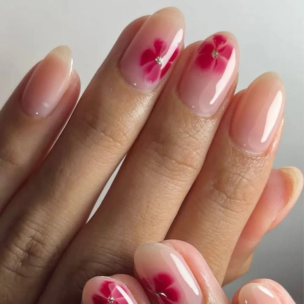 🌺 24pcs Red Almond Press-On Nails – Elegant Floral Design