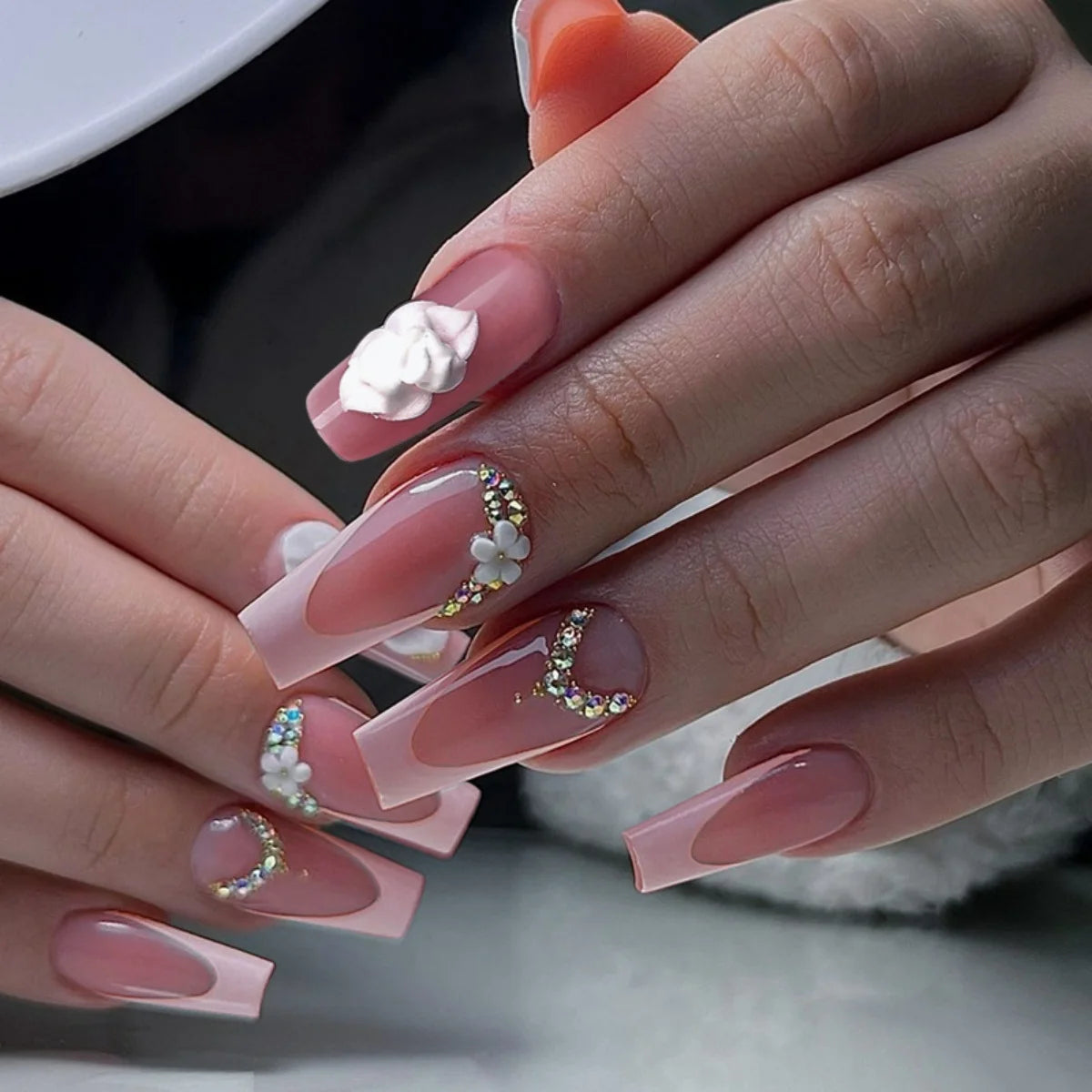 🐻 24pcs Extra Long Square Press-On Nails – 3D Bear & Bow with White French Tips