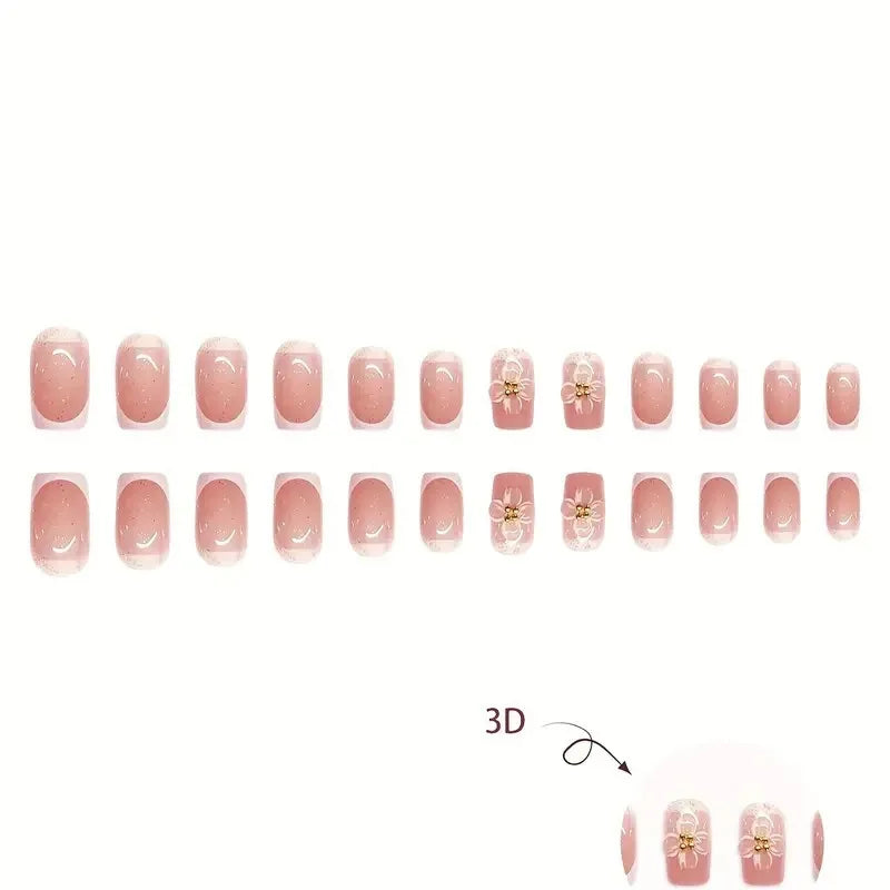 🌸 24pcs Short Square French Press-On Nails – 3D Embossed Flowers