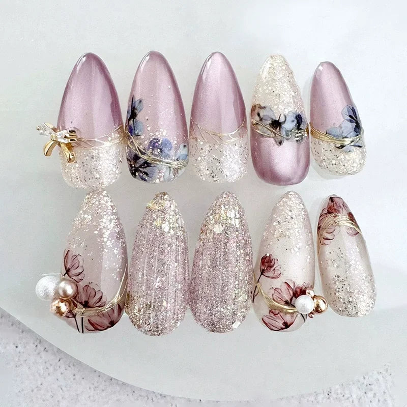 🌸 24pcs Pink Almond Press-On Nails – Sweet Summer Floral with Pearls