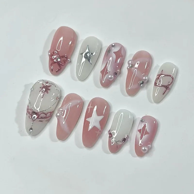 🌸 24pcs Pink Almond Press-On Nails – Sweet Summer Floral with Pearls