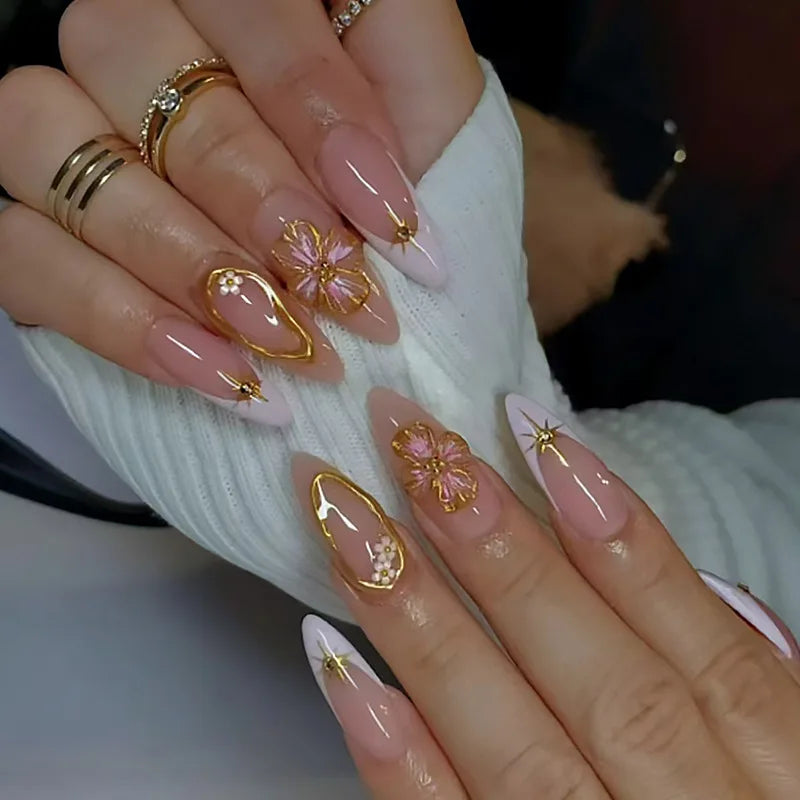 ⭐ 24pcs Simple French Almond Press-On Nails – Chic Stars & Easy Style