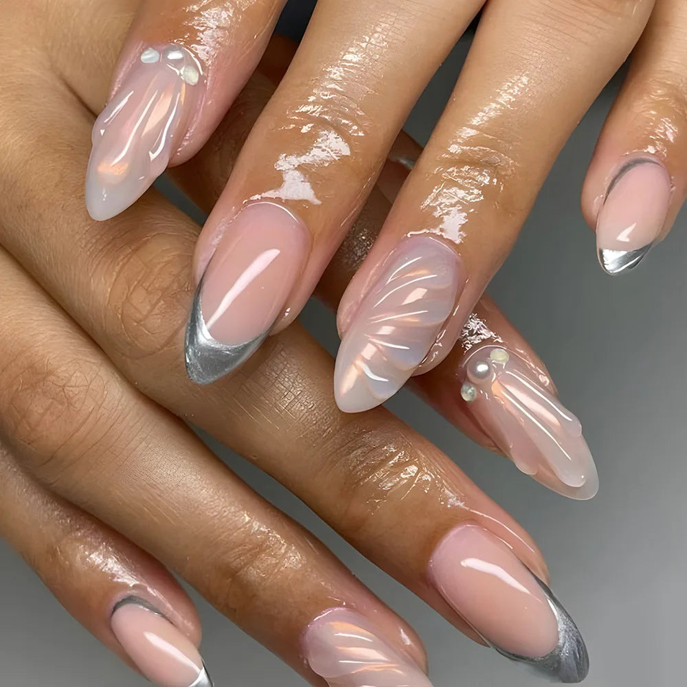 🌊 24pcs Cute Ocean Creature Press-On Nails – Yellow French Tip with Floral Fun