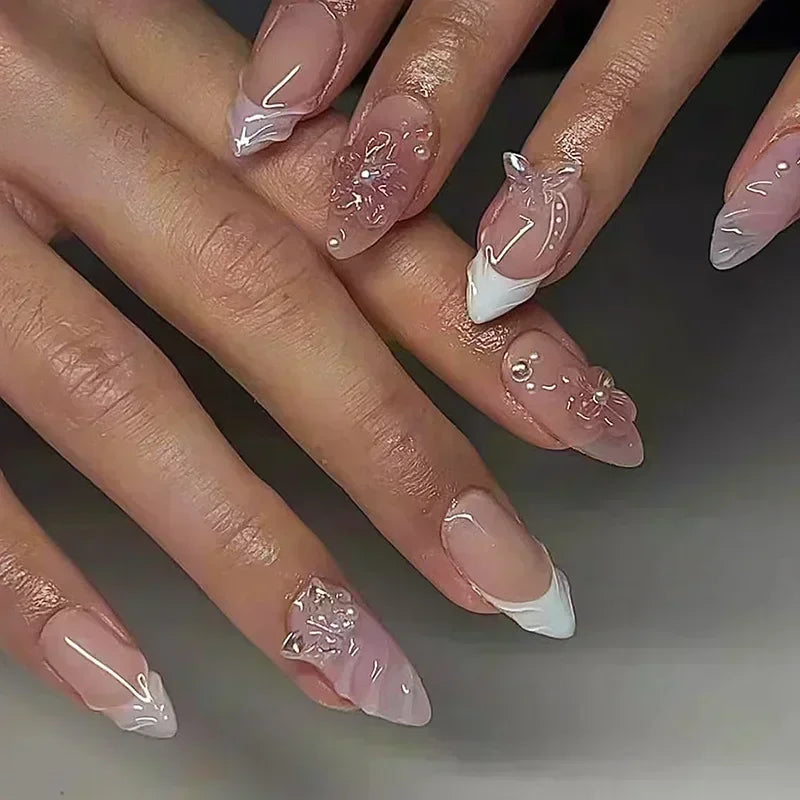 🌸 24pcs Pink Almond Press-On Nails – Sweet Summer Floral with Pearls
