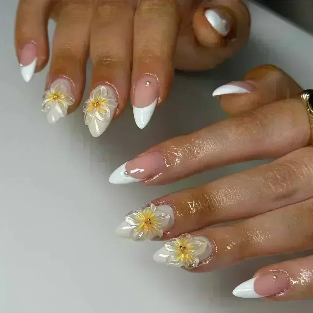 🌸 24pcs Pink Almond Press-On Nails – Sweet Summer Floral with Pearls