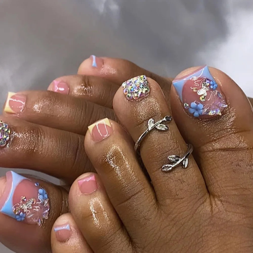 🦋 24pcs Butterfly Design Press-On Toe Nails – Short French Style with Rhinestones
