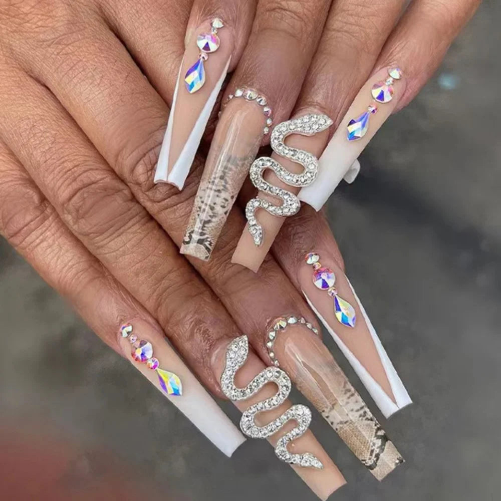 💖 24pcs Rhinestone Pink French Press-On Nails – Long Ballet Square Style